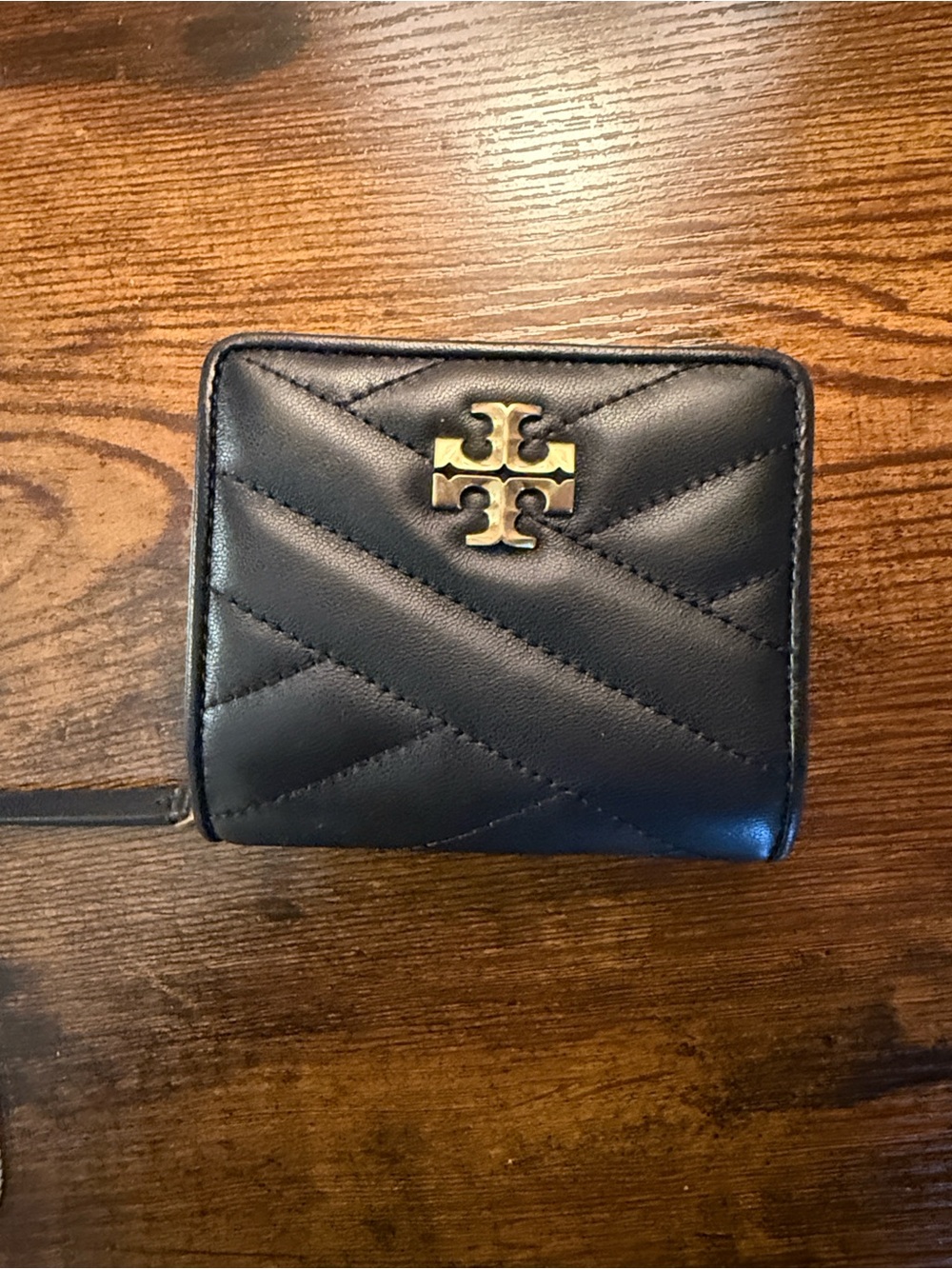Tory Burch Black Quilted Leather Zip Wallet with Gold Logo Emblem